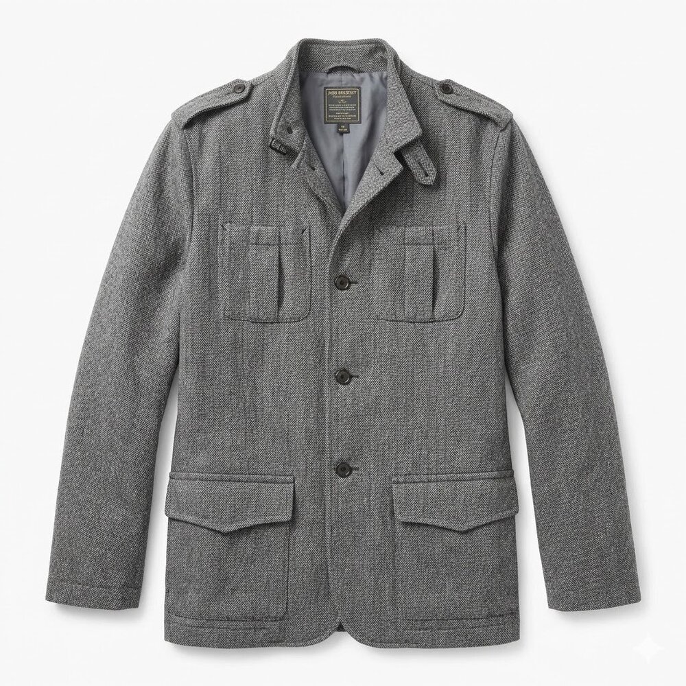 John Bartlett Men's Size XL Herringbone Tweed Four-Pocket Field Jacket Military